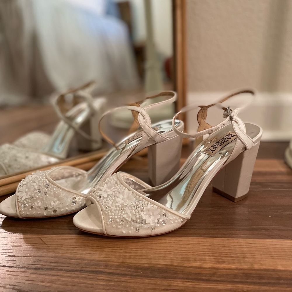Block heel, white with silver interior and flowers, jewels, and beading